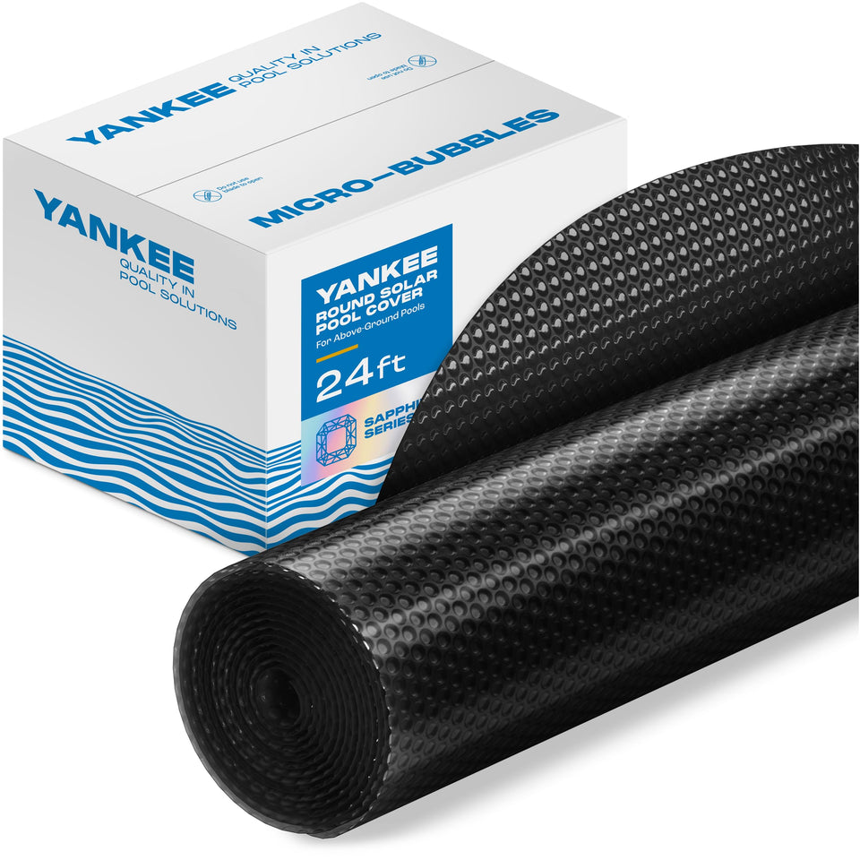 Yankee Pool Pillow round black solar cover on a 24 ft pool adds sun warmth