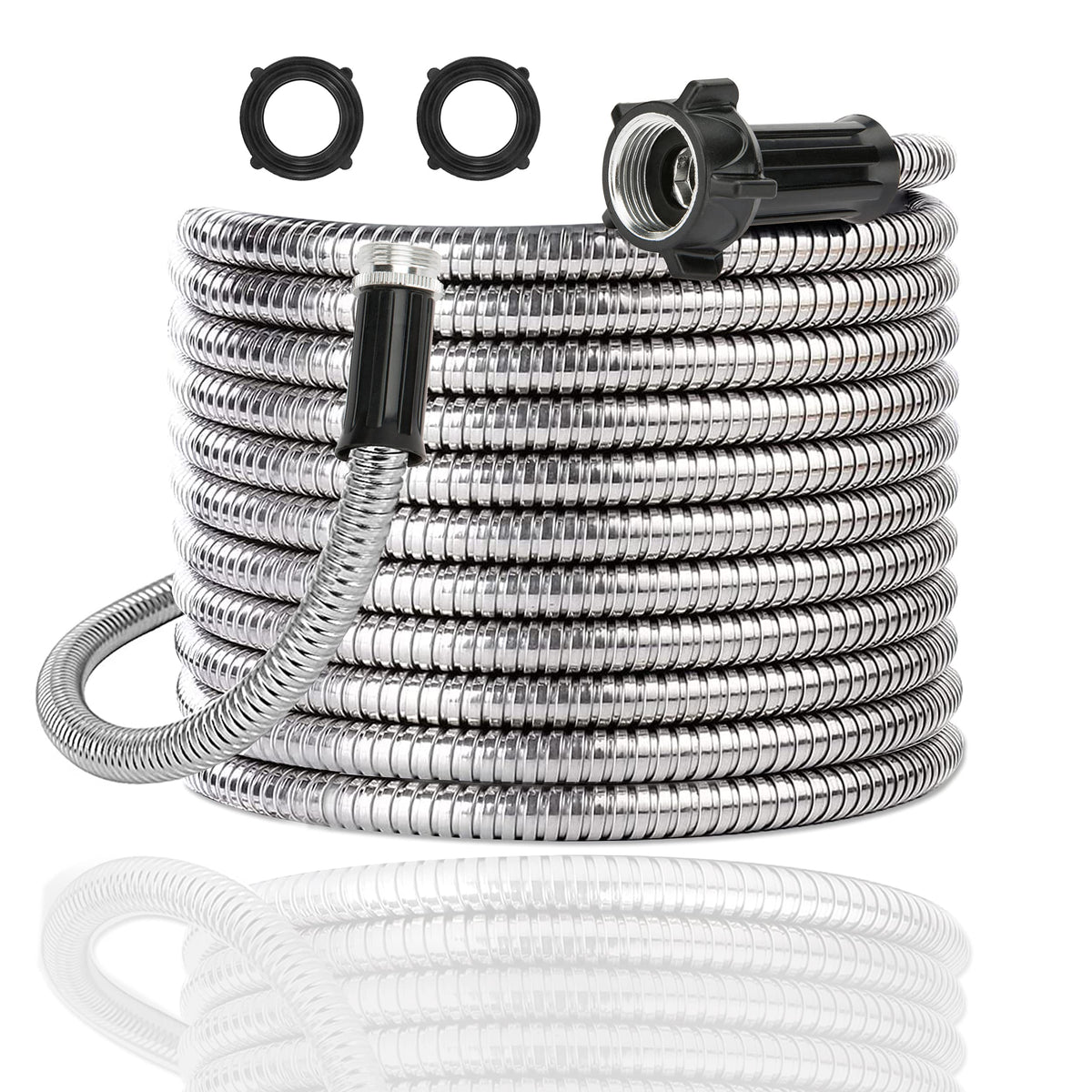 Yanwoo 304 stainless steel hose with 30ft coil for durable outdoor watering.
