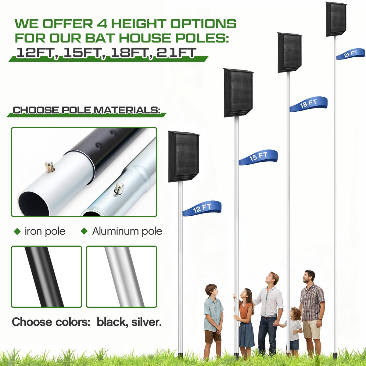 Yaocom pole fits bat, bird, and purple martin homes for elevated displays.