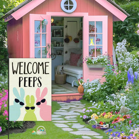 Yaofavo Easter Peeps bunny art flag enhances yard decor during Easter.