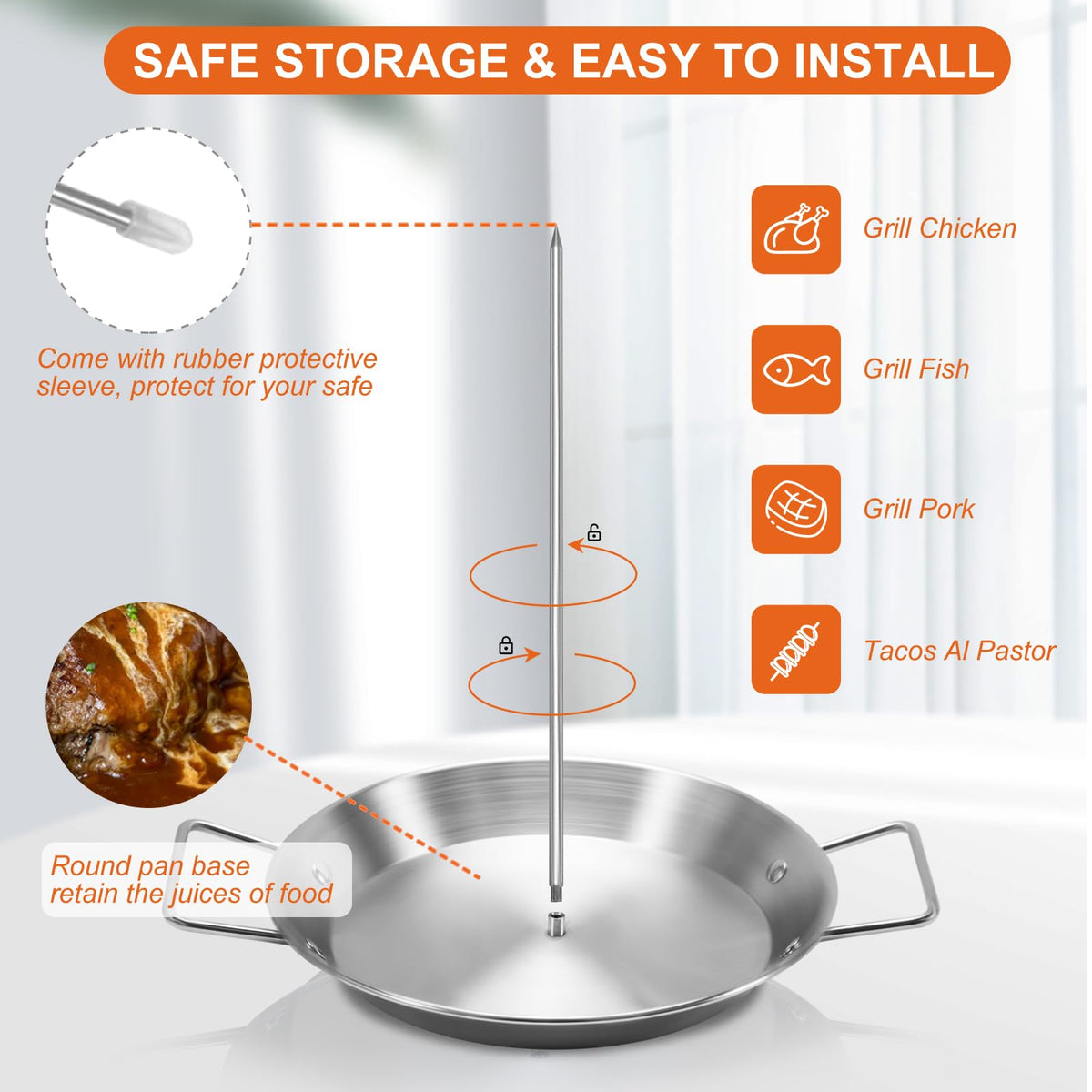Yaokvide shawarma stand base catches juices to enhance moisture and flavor.