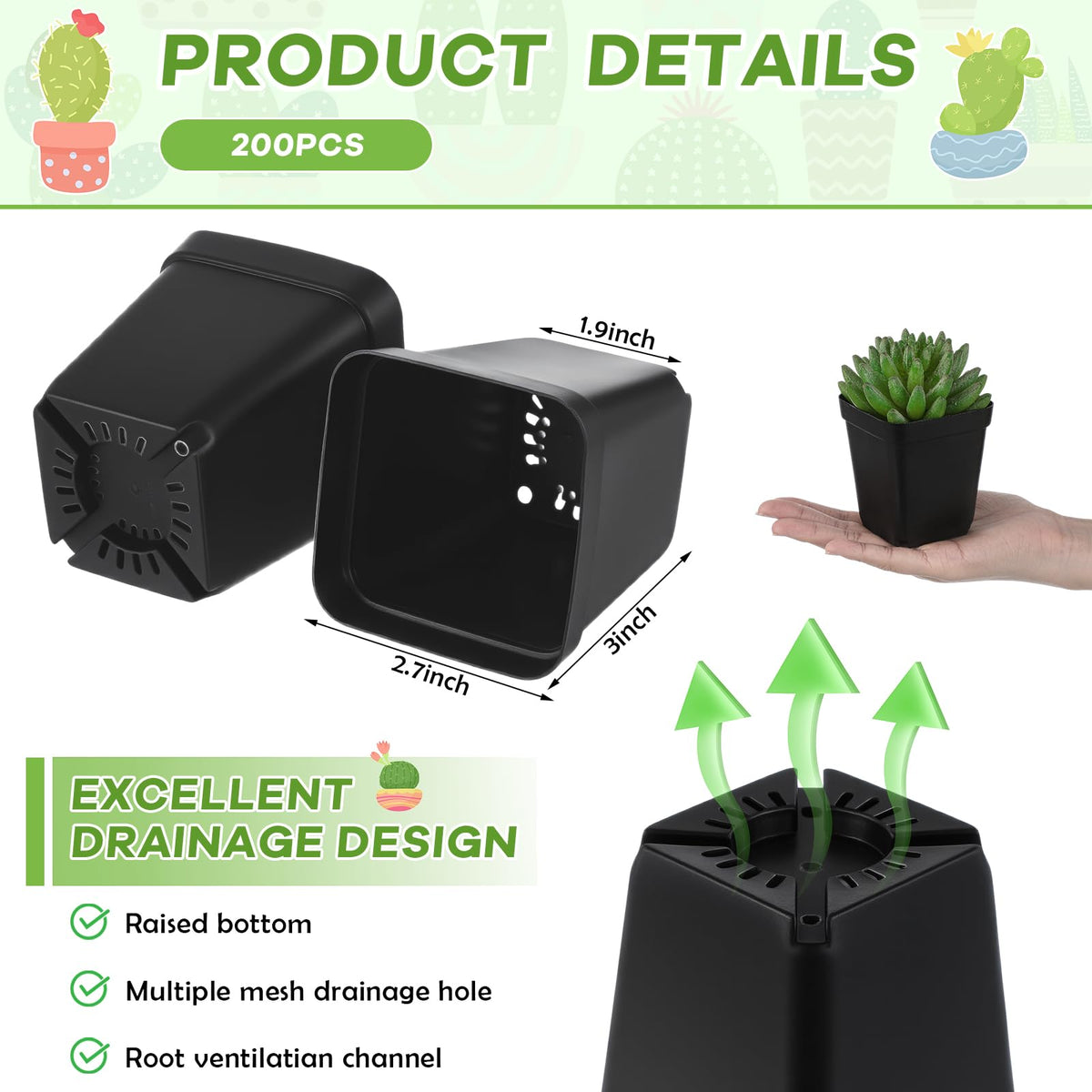 Yaomiao 3-inch square pot with drainage holes for healthy roots.