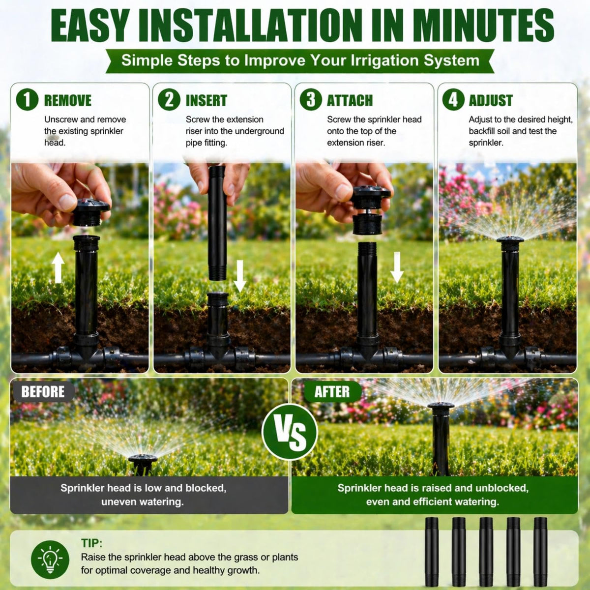 Yaomiao sprinkler riser extension 6-inch outdoors demonstrates versatile irrigation setups for gardens
