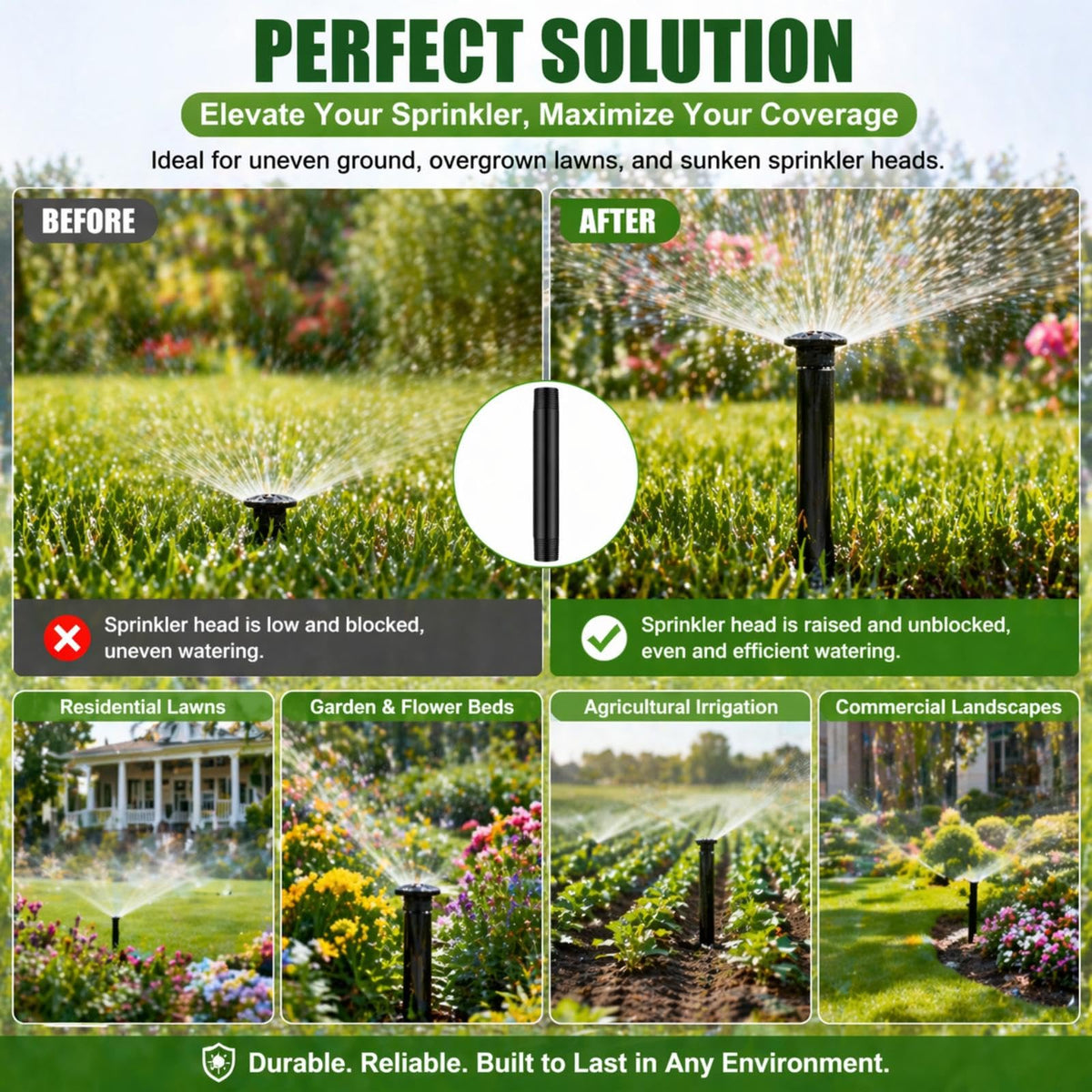 Yaomiao sprinkler riser extension 6-inch height aids uniform water spray