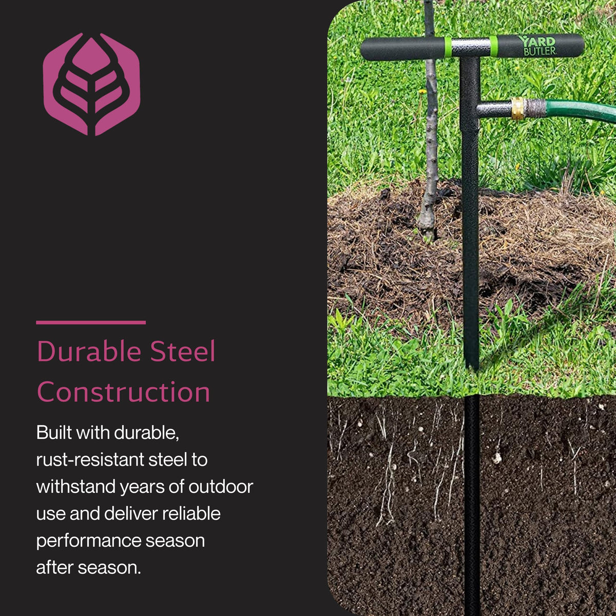Yard Butler Deep Root Irrigator stands 36-inch tall for deep watering.