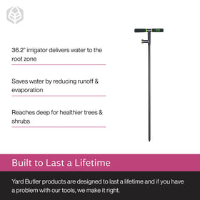 Yard Butler Deep Root Irrigator in use in a garden bed for root watering.