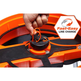 Includes accessory kit with rake, extra lines, bag clamp and safety goggles