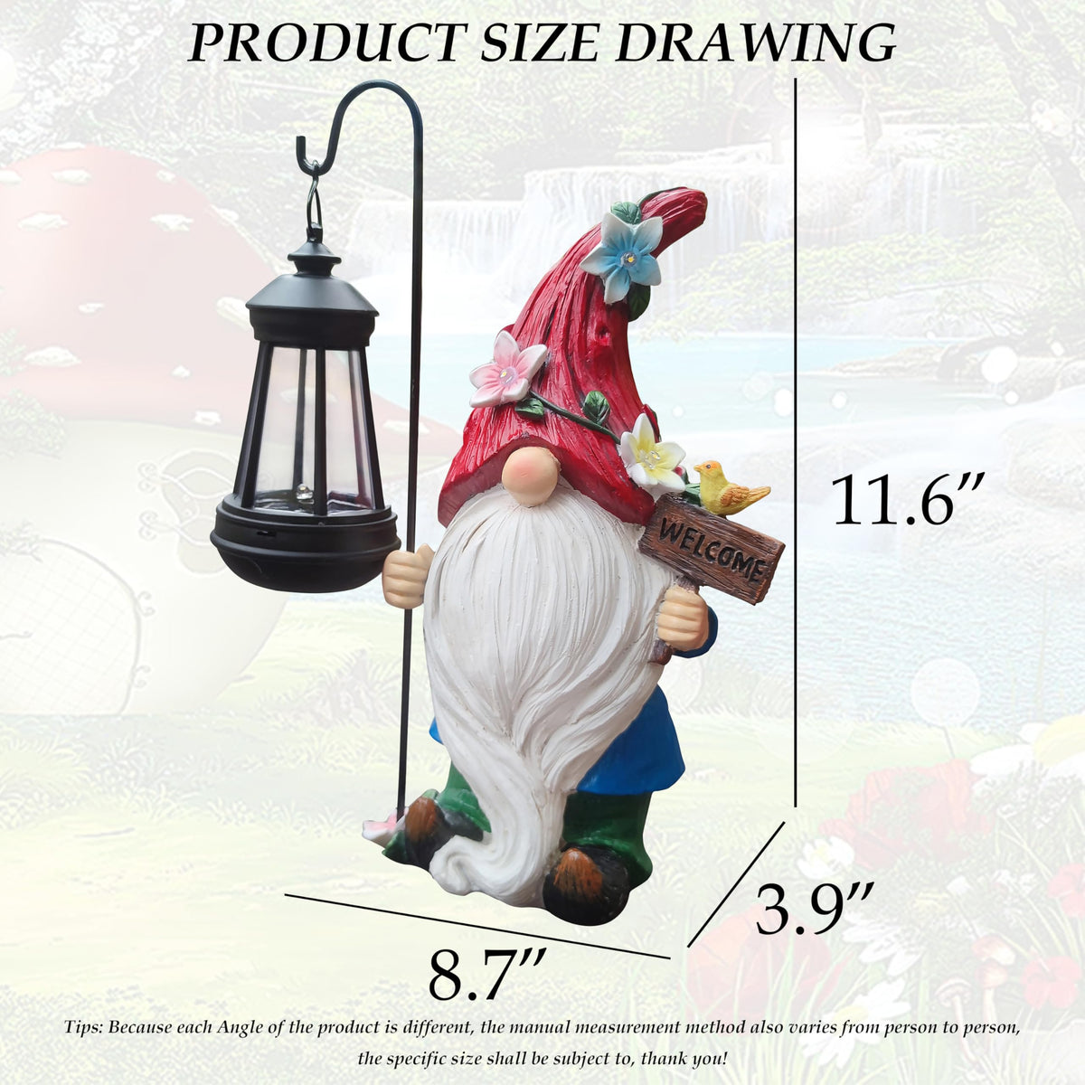 Yardancer gnome with bird on sign brings garden life