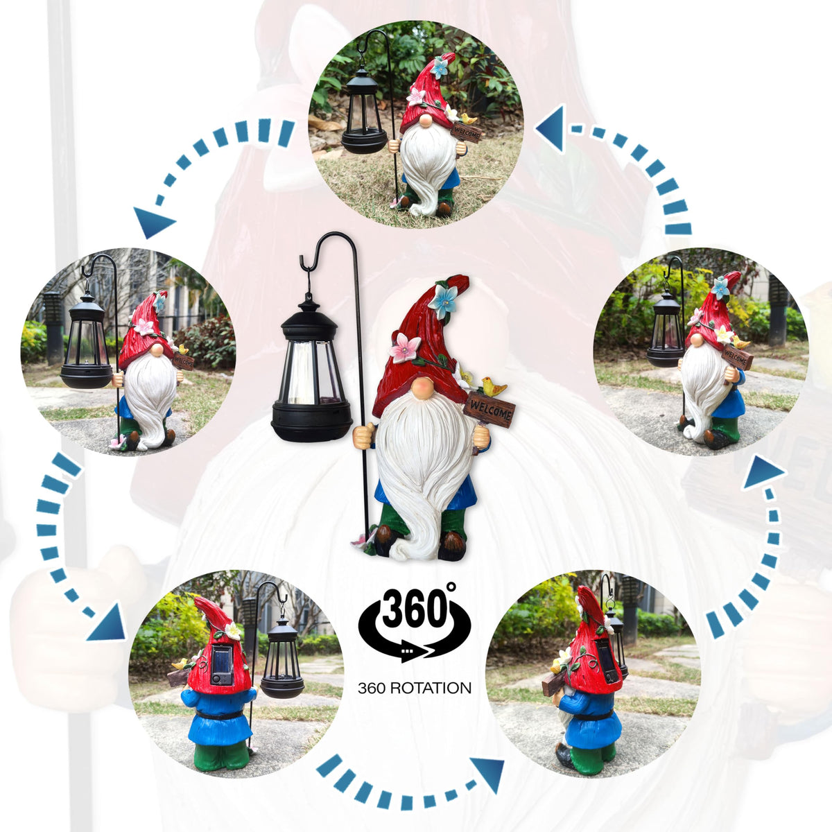 Yardancer gnome lights up softly for evening ambience
