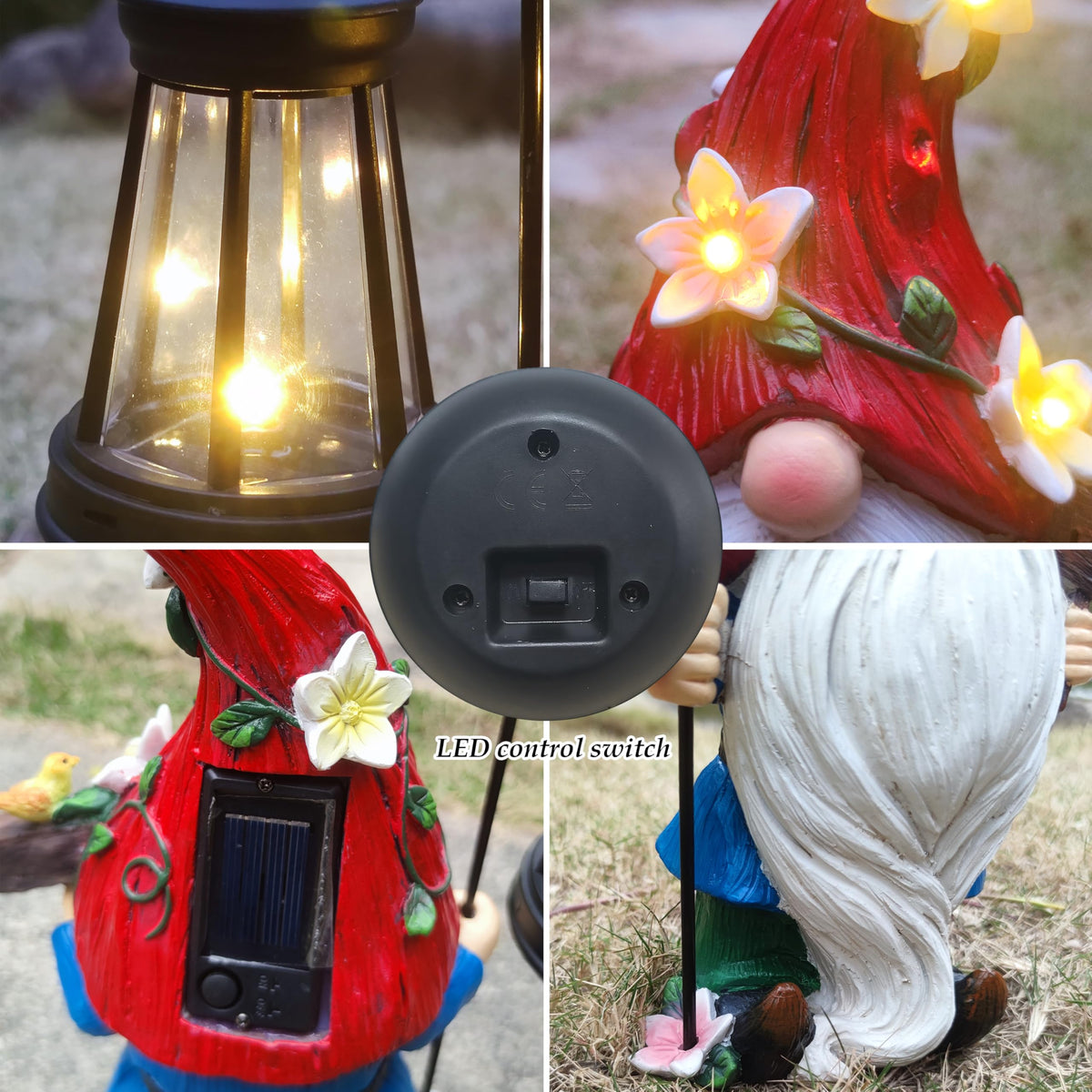 Yardancer solar panel powers the gnome's lantern