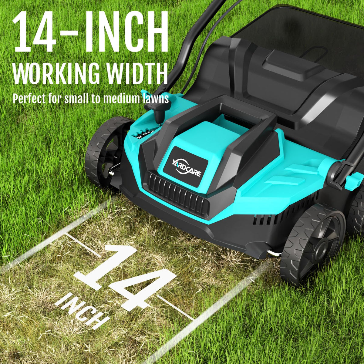 YARDCARE dethatcher showing 14-inch wide path for efficient coverage