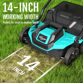 YARDCARE dethatcher showing 14-inch wide path for efficient coverage
