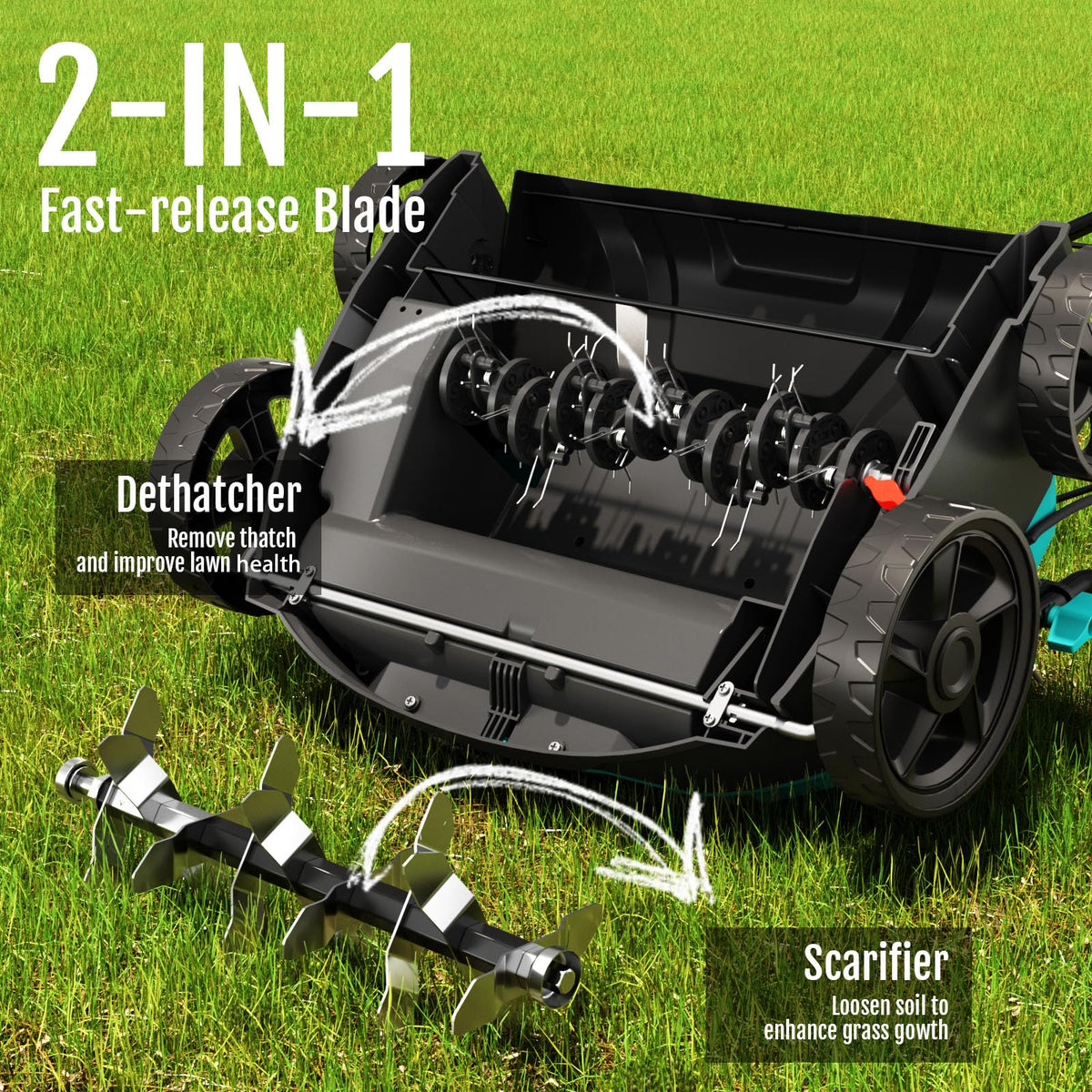 YARDCARE electric dethatcher dethatching blades in action for thatch removal