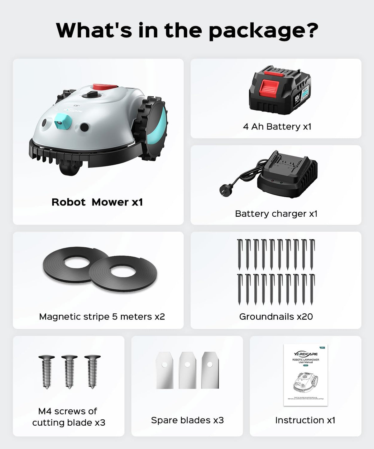 YARDCARE V100 kit includes blades and screws for maintenance
