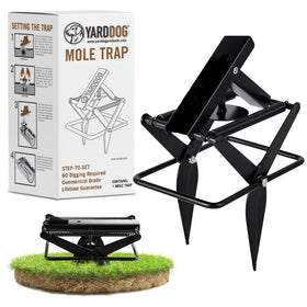 YARDDOG Mole Scissor Trap in step-to-set action for quick yard control.