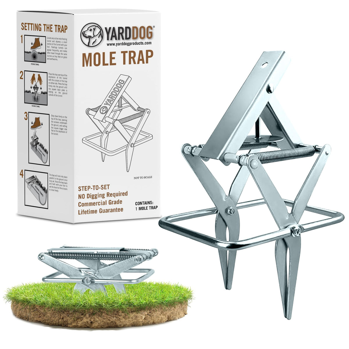 YARDDOG Mole Scissor Trap ready-to-step setup for fast lawn protection.