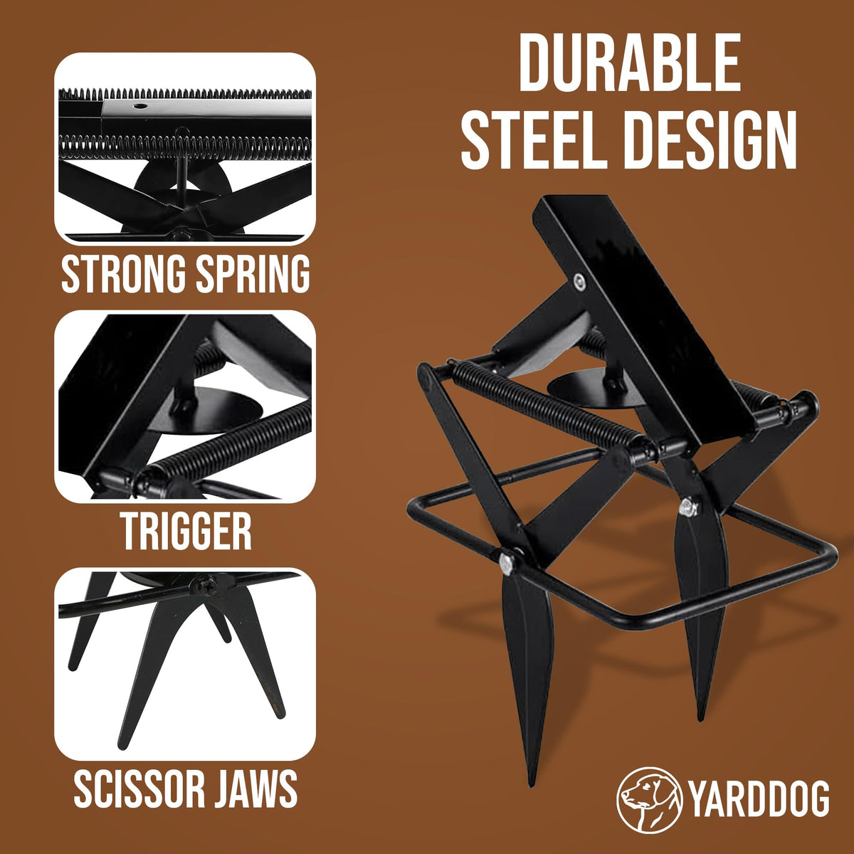 YARDDOG Mole Scissor Trap showing compact 6x6x13 size for easy placement.