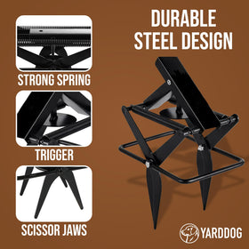 YARDDOG Mole Scissor Trap showing compact 6x6x13 size for easy placement.