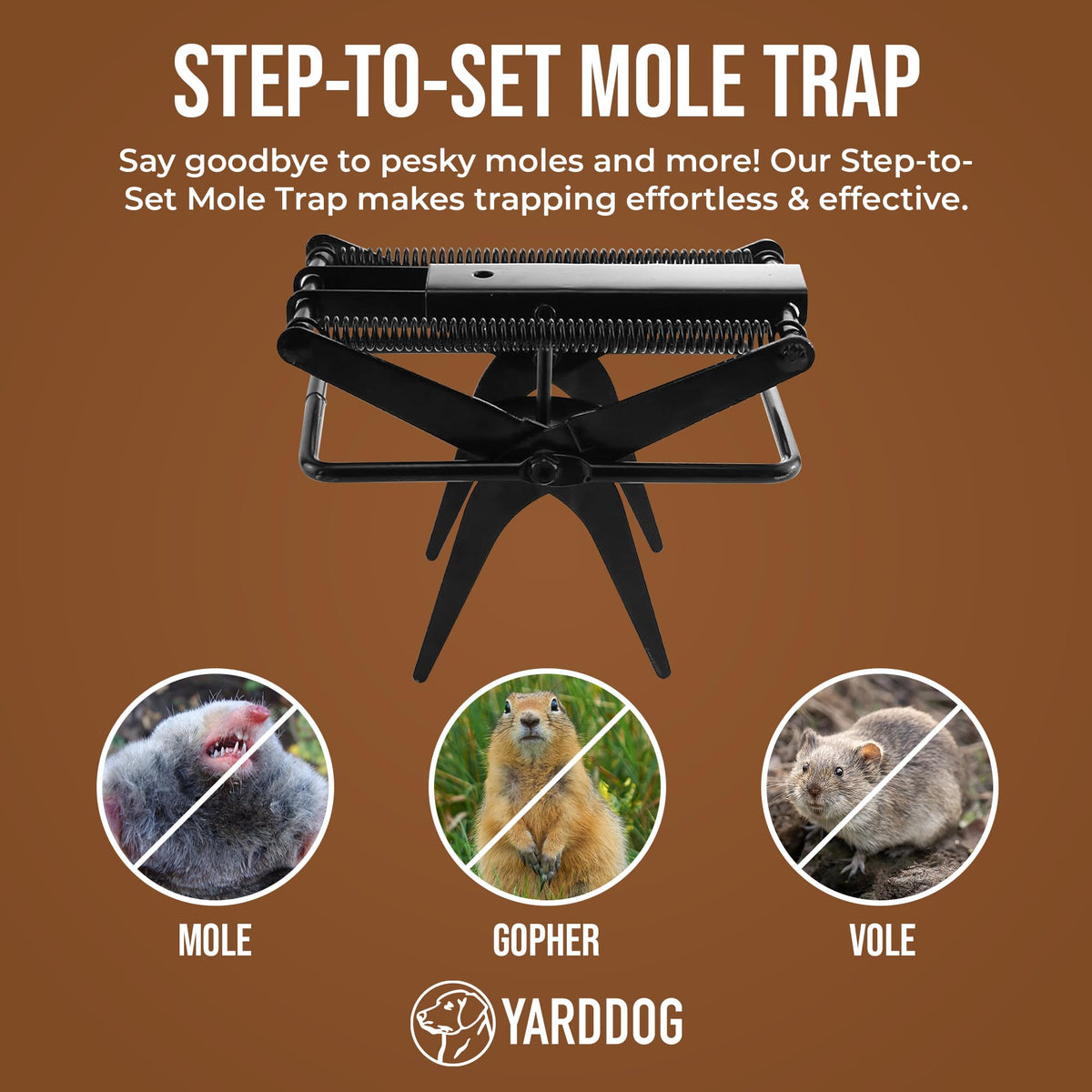 YARDDOG mole trap with durable steel construction ready for long-term use.