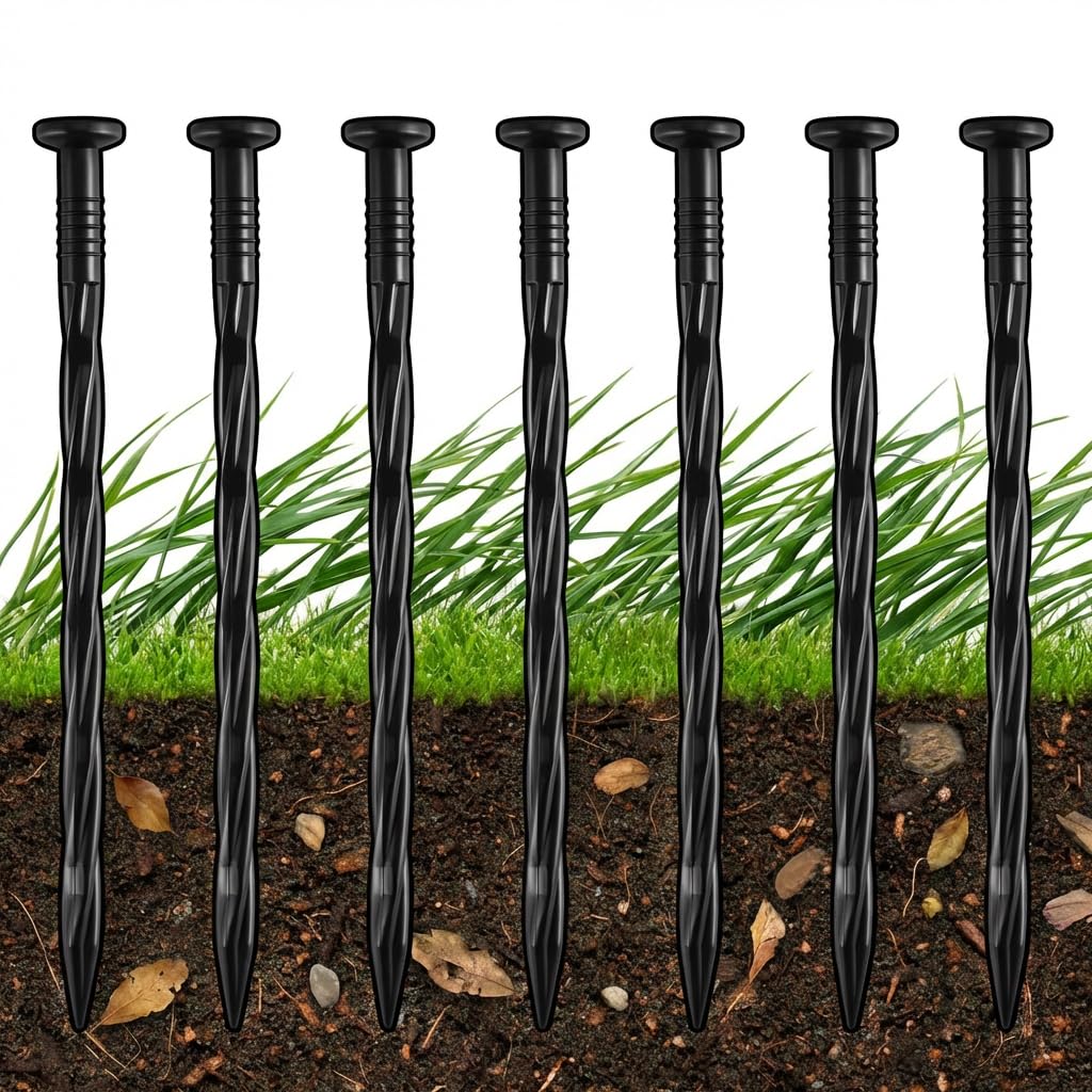 YardSeal 8-inch spiral edging spike in soil secures borders for a cleaner lawn edge.