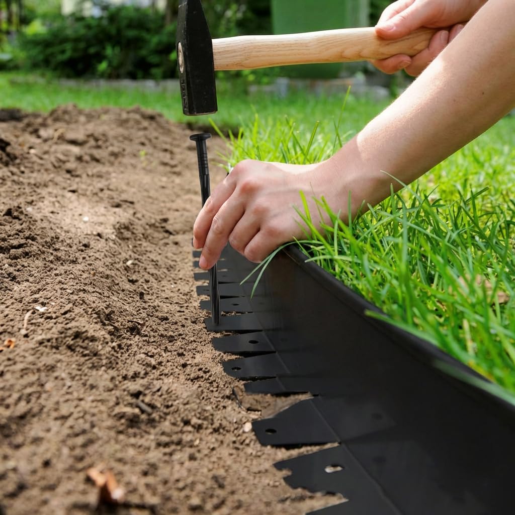 YardSeal plastic landscape stake anchors a weed barrier for stability.