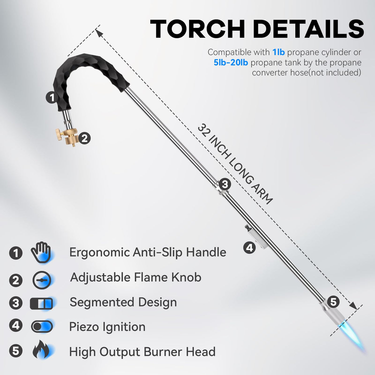 Yardwizard weed torch with 32-inch arm minimizes bending during weed removal