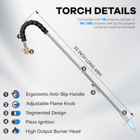 Yardwizard weed torch with 32-inch arm minimizes bending during weed removal