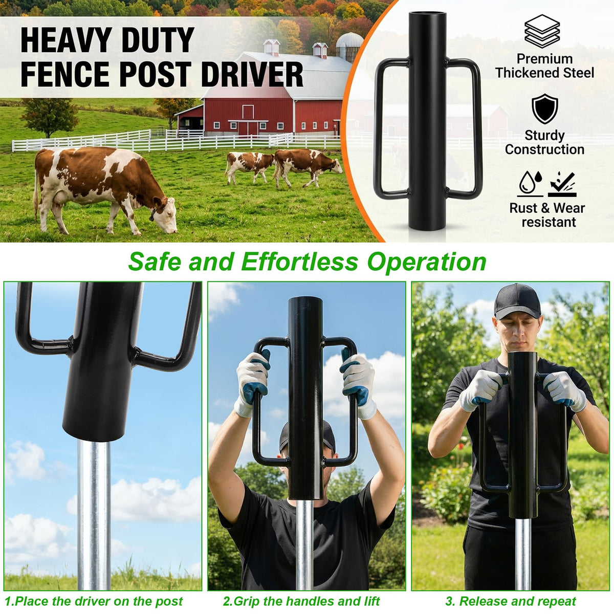 Yarlung 17 lb fence post driver positioned over wooden fence post