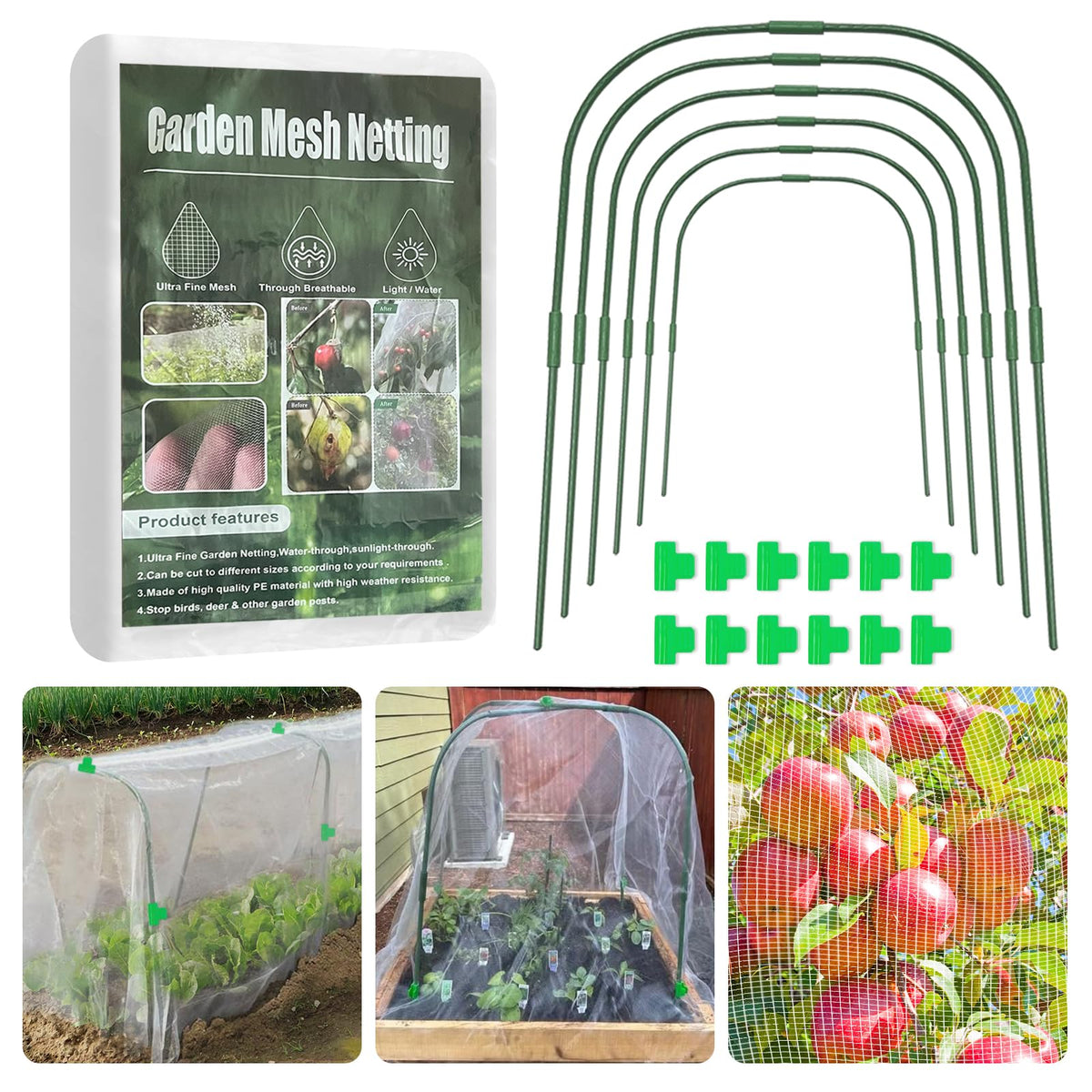 YATHO garden mesh netting kit assembled as a tunnel over raised beds