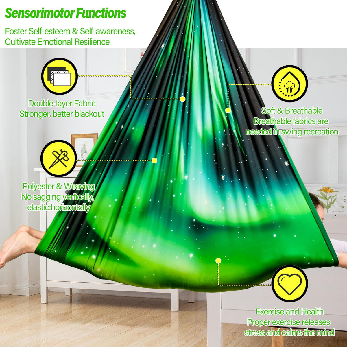 Yatoco Sensory Swing 360° swivel hanger enabling varied motion.