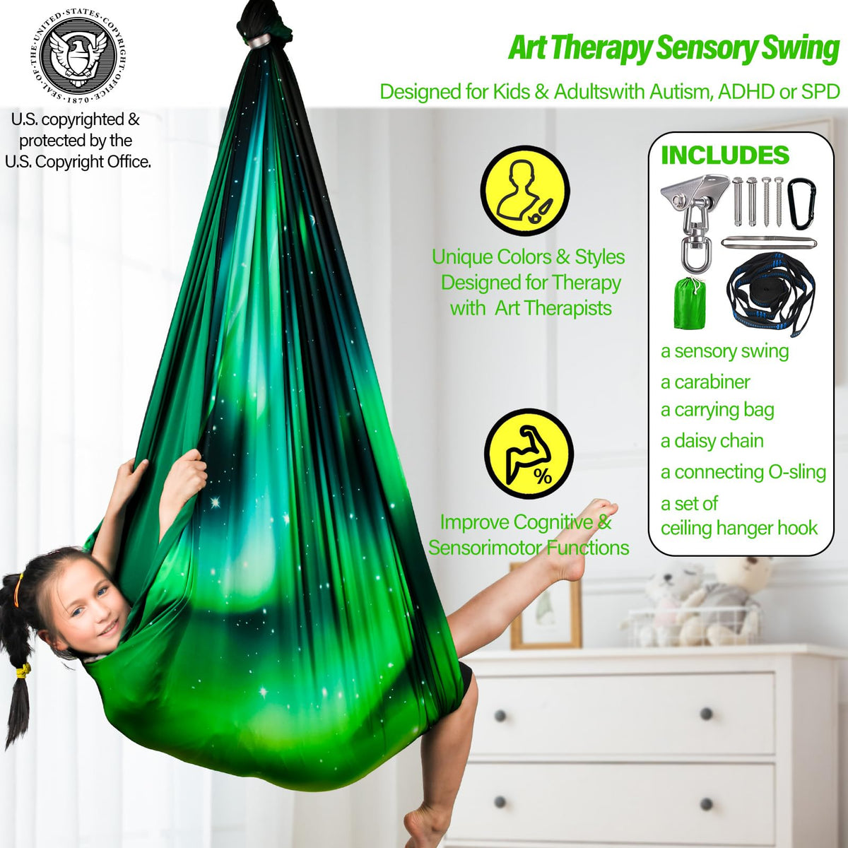 Yatoco Sensory Swing Aurora Green outdoor use for versatile playtime.