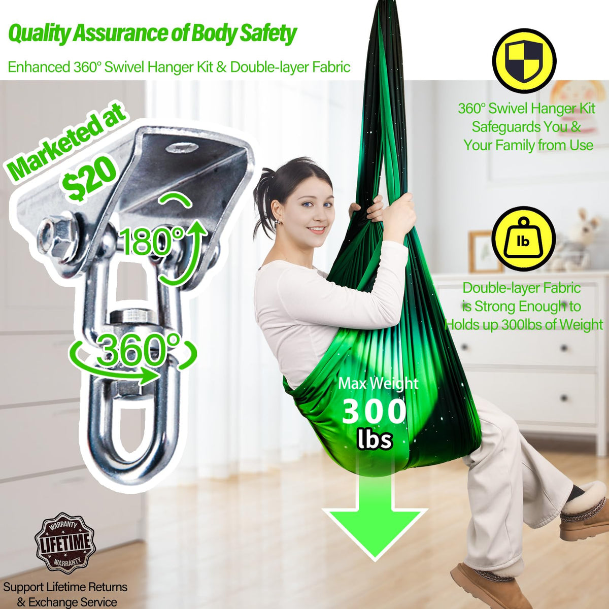 Yatoco Sensory Swing double-layer fabric for durability and comfort.