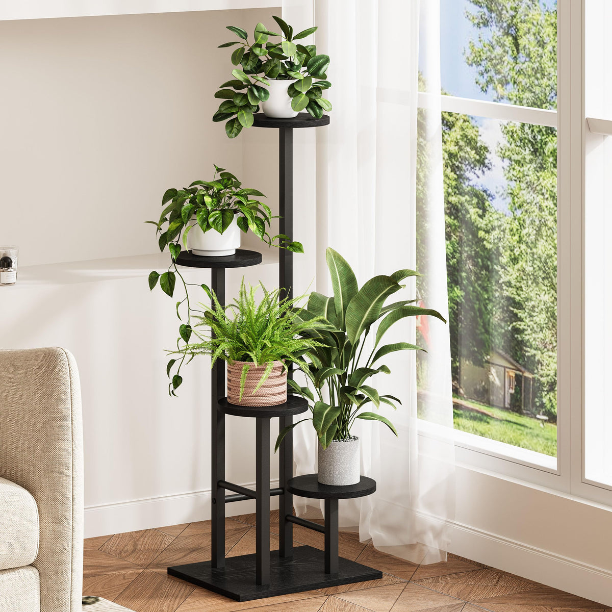 YAUKTAK 5-tier plant stand indoor, side view, ideal for compact corner spaces.