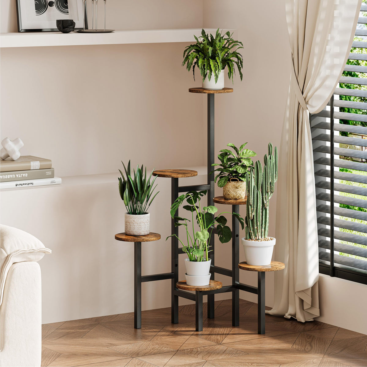 YAUKTAK 6-tier corner plant stand in rustic brown showcases six pots with space-saving elegance.