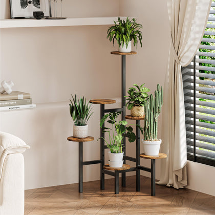 YAUKTAK 6-tier corner plant stand in rustic brown showcases six pots with space-saving elegance.