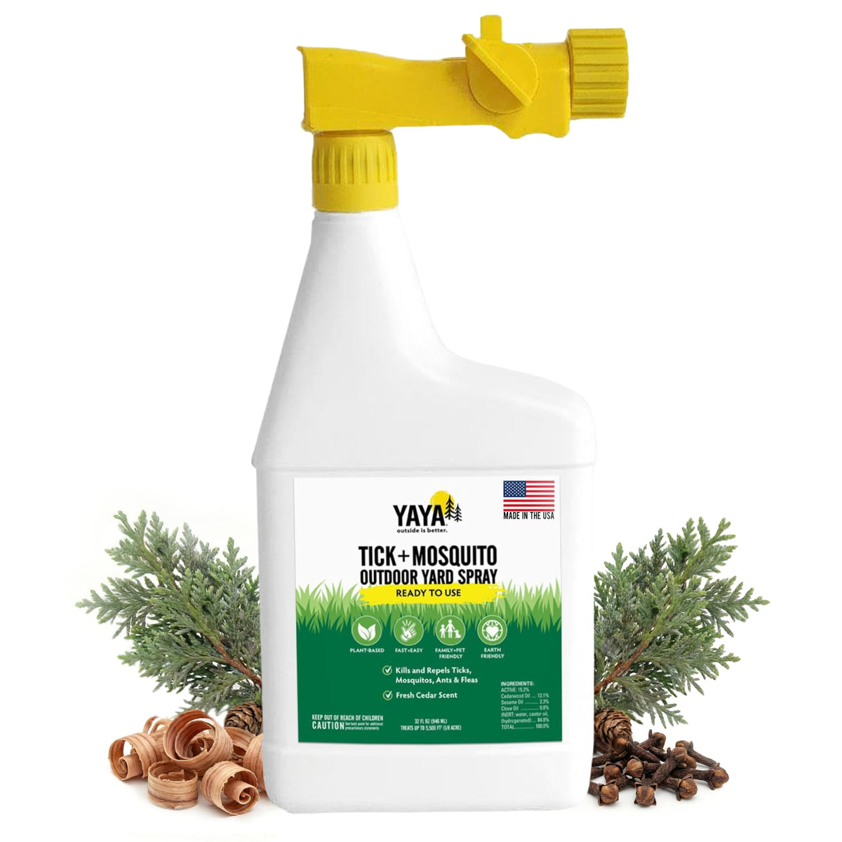 YAYA Organics Tick + Mosquito Yard Spray bottle on patio offering family-friendly pest protection