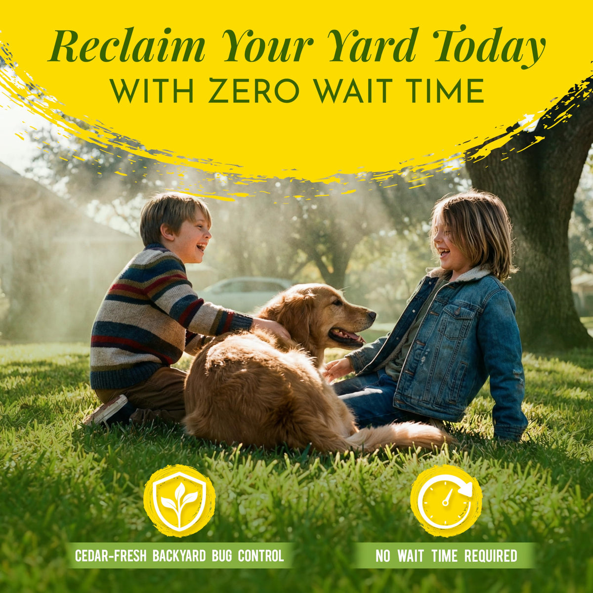 Kids and pets enjoying a yard with YAYA Organics coverage on lawn and patio