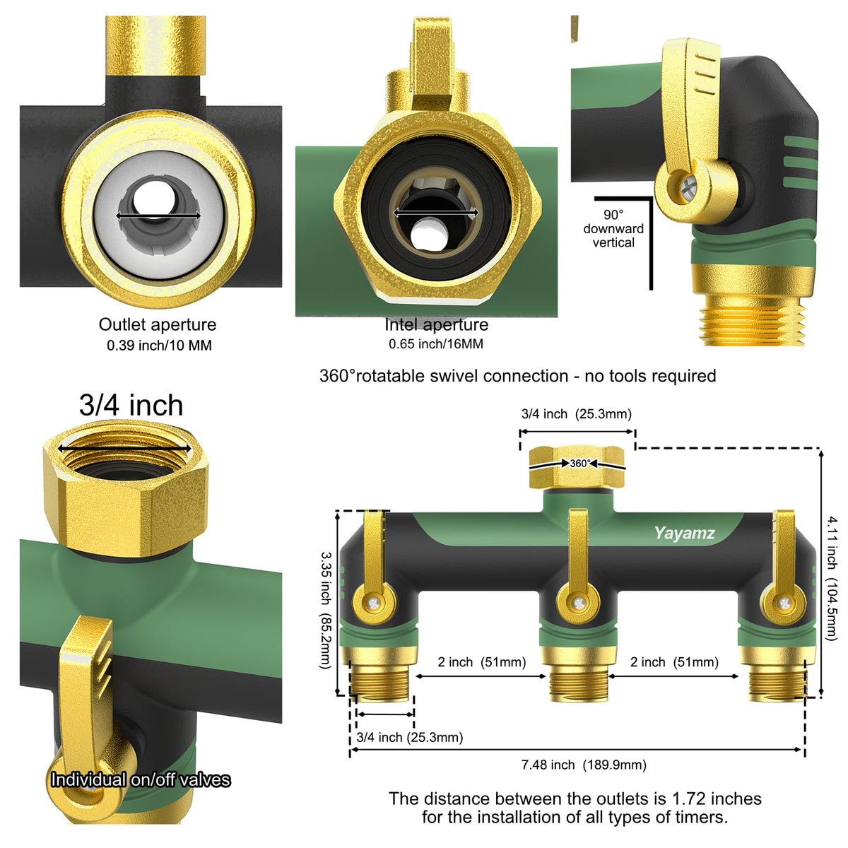 Yayamz 3-way garden hose splitter brass inlet close-up shows durable connections with 3/4-inch threads.