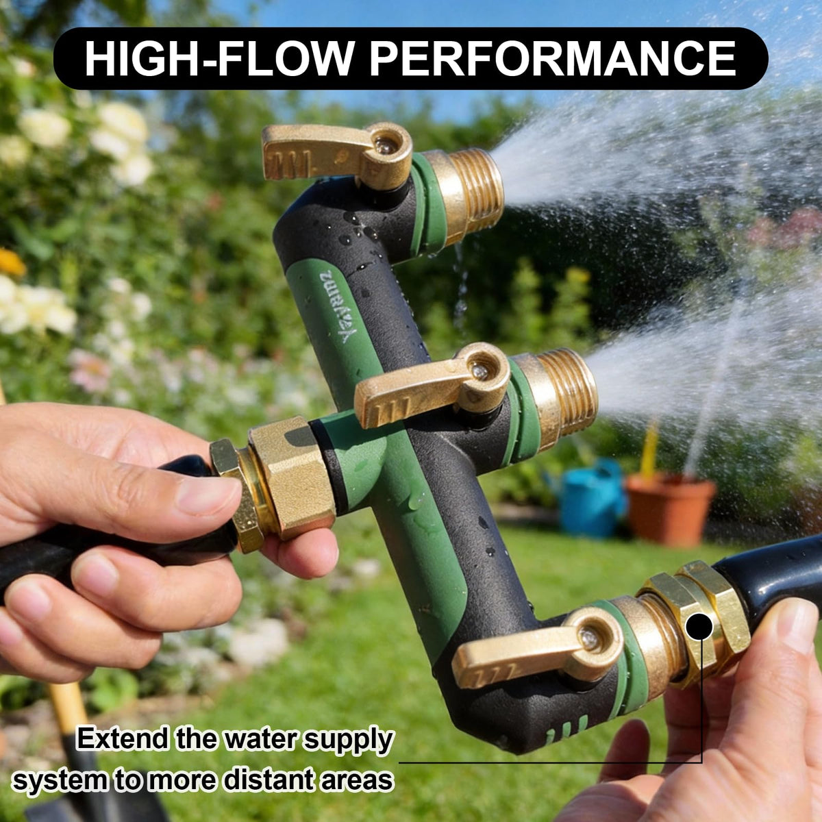 Yayamz 3-way garden hose splitter durability test image communicates resilience under pressure.