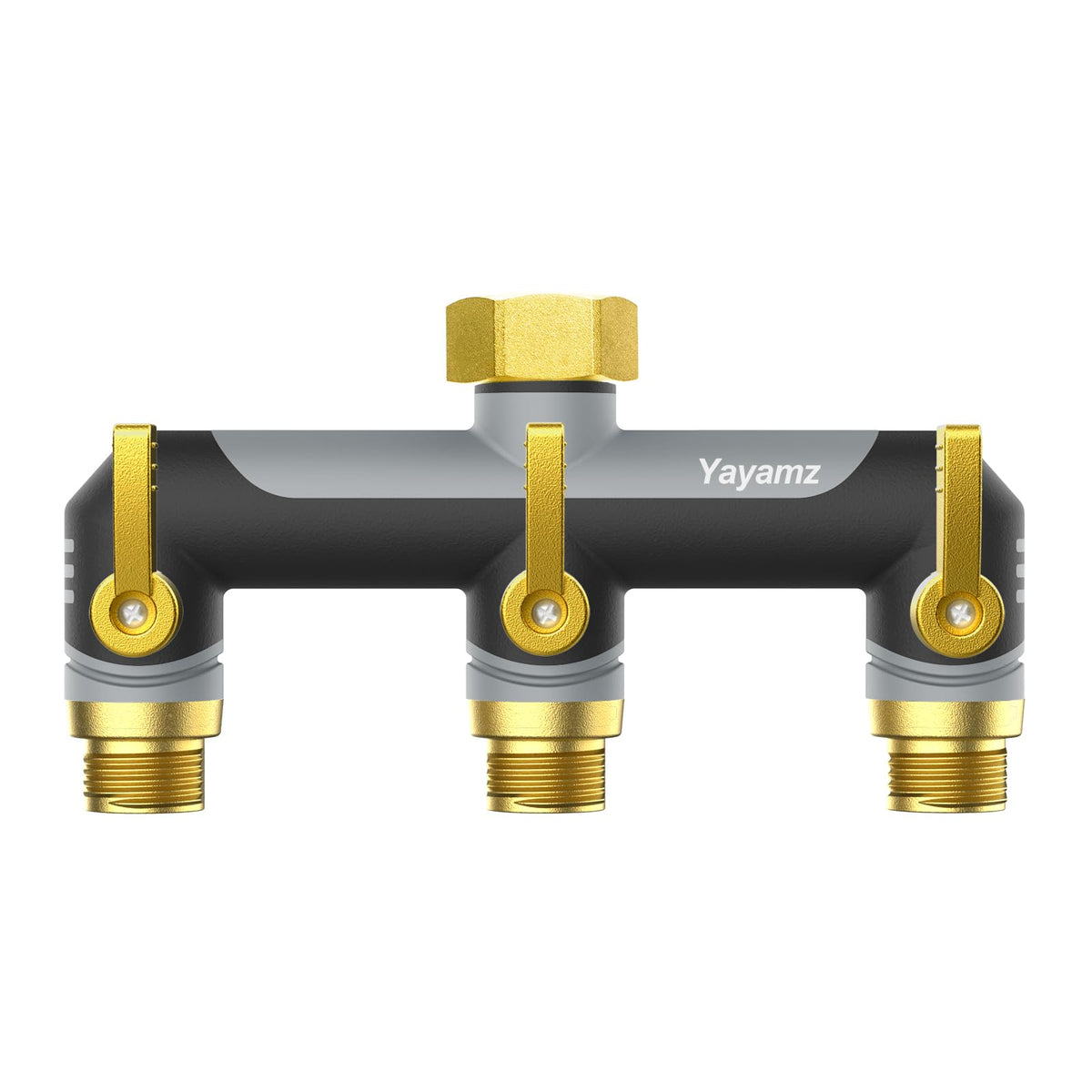 Yayamz 3-way garden hose splitter, outdoor setup enabling multiple outlets for efficient watering