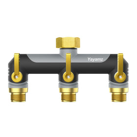 Yayamz 3-way garden hose splitter, outdoor setup enabling multiple outlets for efficient watering
