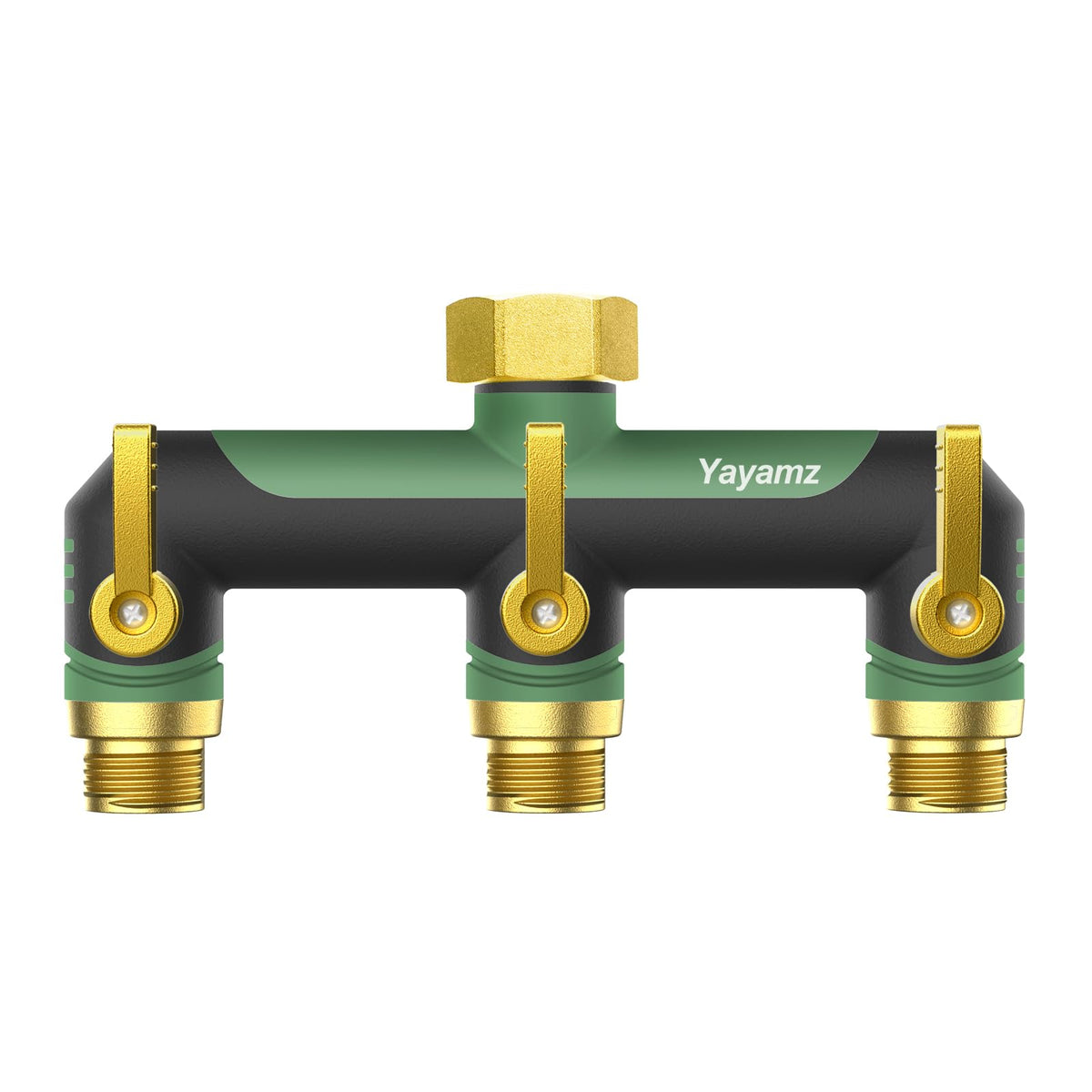 Yayamz 3-way garden hose splitter outlet views show spacious design for multiple connections.