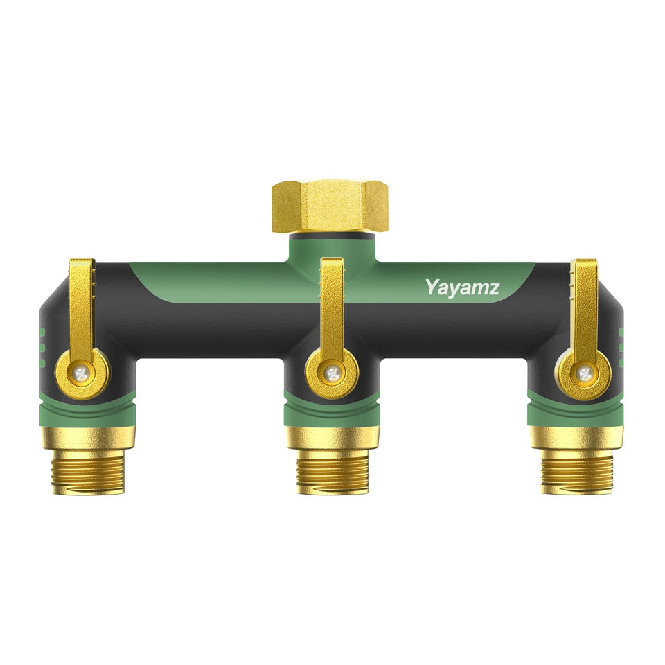 Yayamz 3-way garden hose splitter outlet views show spacious design for multiple connections.