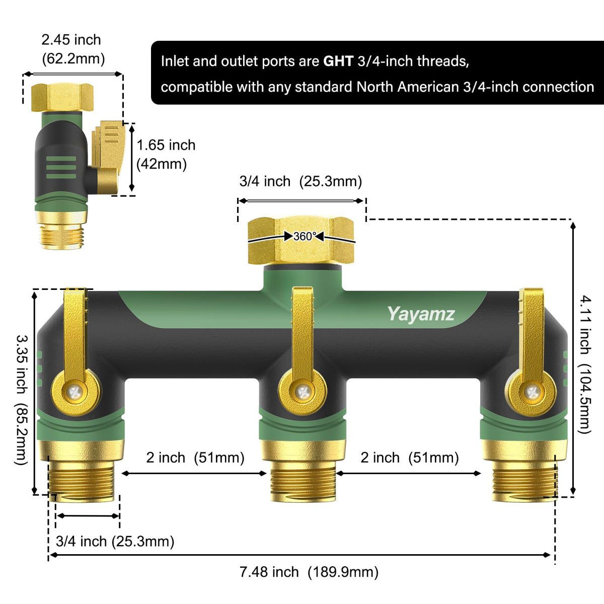 Yayamz 3-way garden hose splitter valves close-up highlight independent shut-offs for flexible watering control.