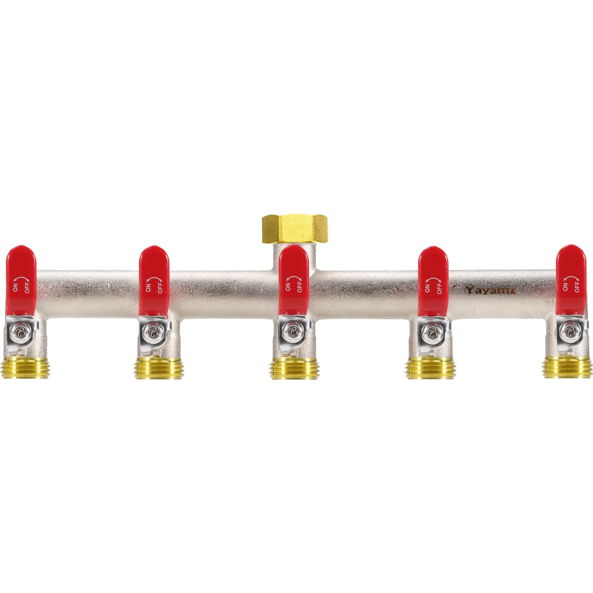 Yayamz 5-way garden hose splitter front view with five outlets for simultaneous use