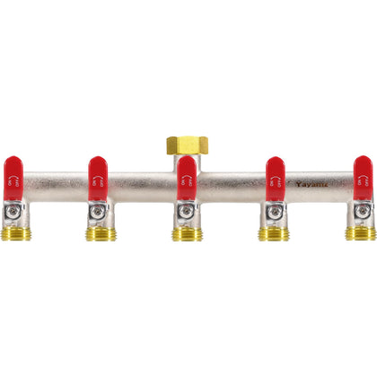 Yayamz 5-way garden hose splitter front view with five outlets for simultaneous use