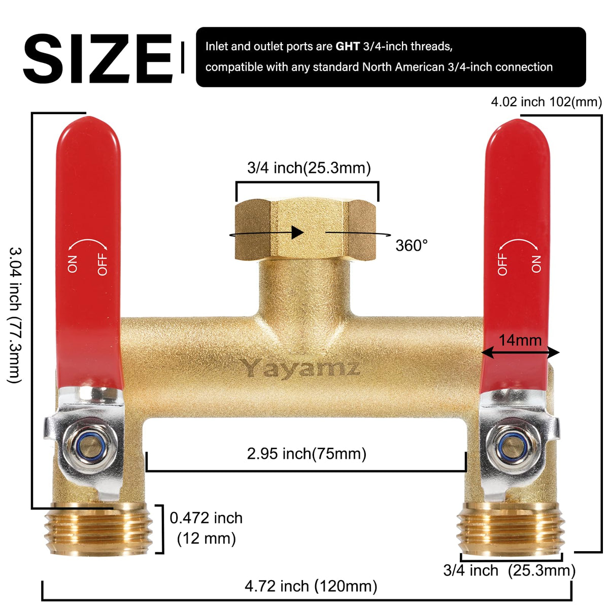 Yayamz brass hose splitter with wide spout spacing for versatile irrigation layouts.