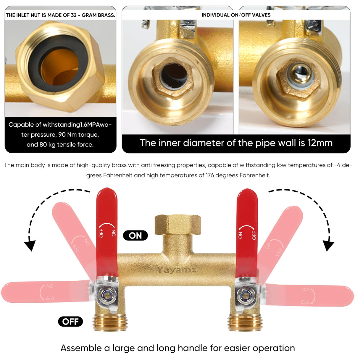 Yayamz brass diverter with vertical outlet reduces strain on connectors.