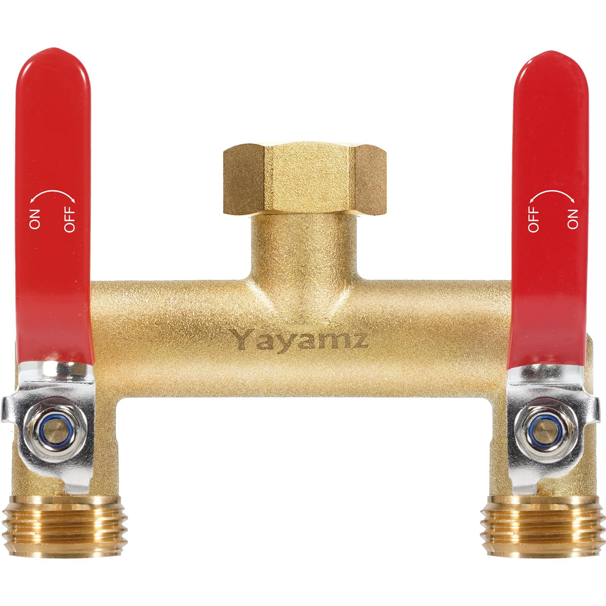Yayamz garden hose splitter brass 2‑way valve for easy multi-hose watering.