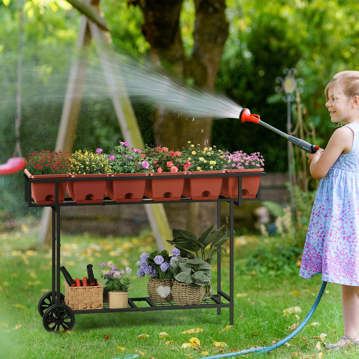 YBING red-finish elevated planter, dimensions 42x17x30 inches